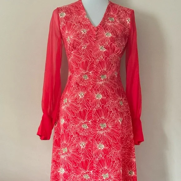 VINTAGE handmade maxi dress red floral formal - Picture 5 of 8